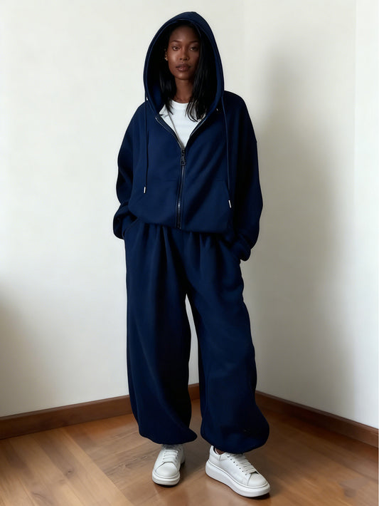 Chic Zip Front Hoodie & Pants Set