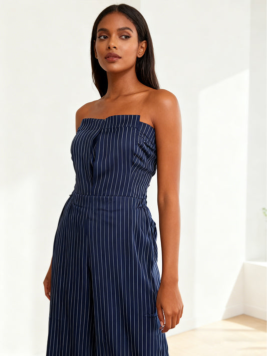 Elegant Striped Strapless Jumpsuit & Blazer Set