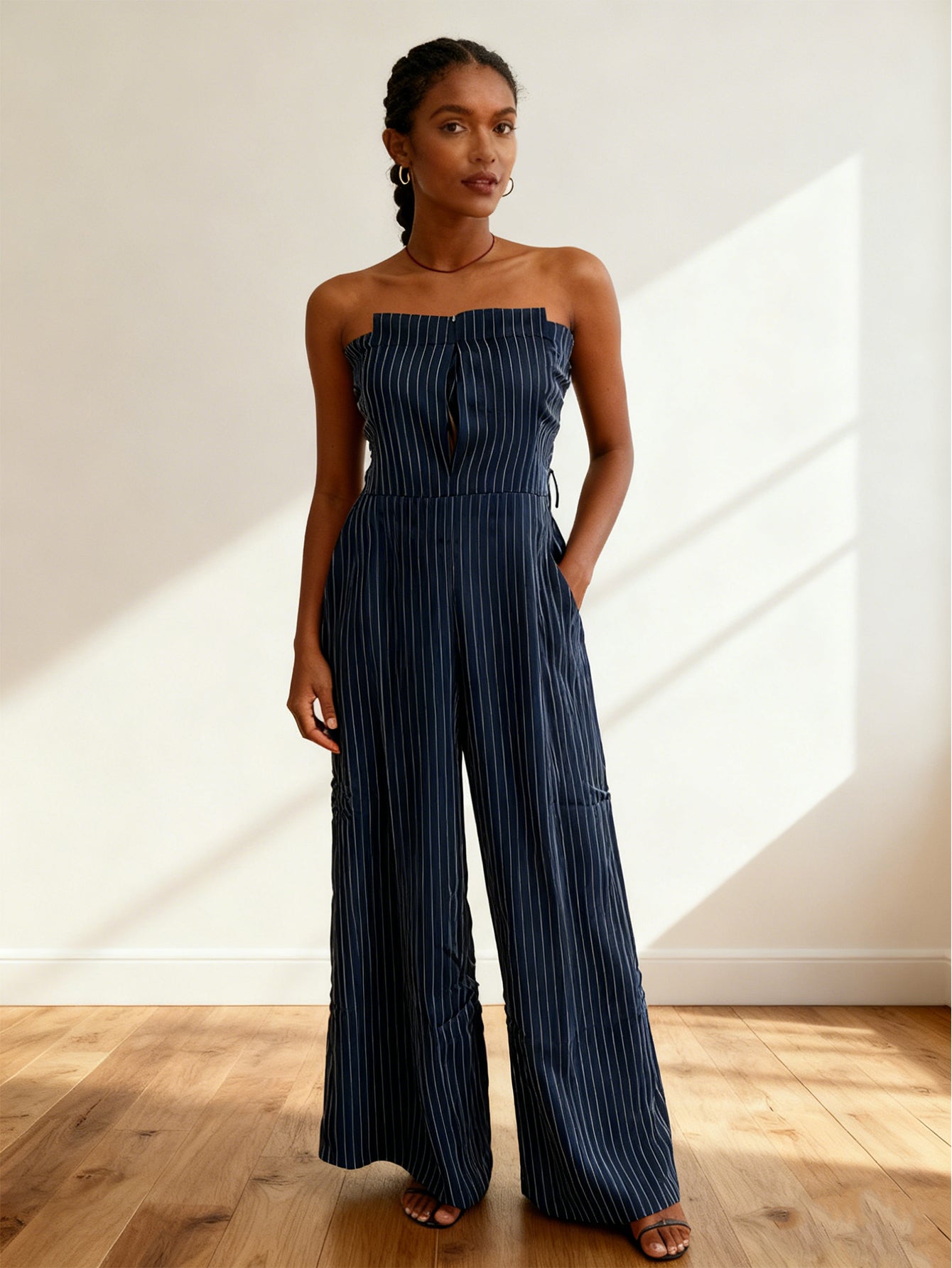 Elegant Striped Strapless Jumpsuit & Blazer Set