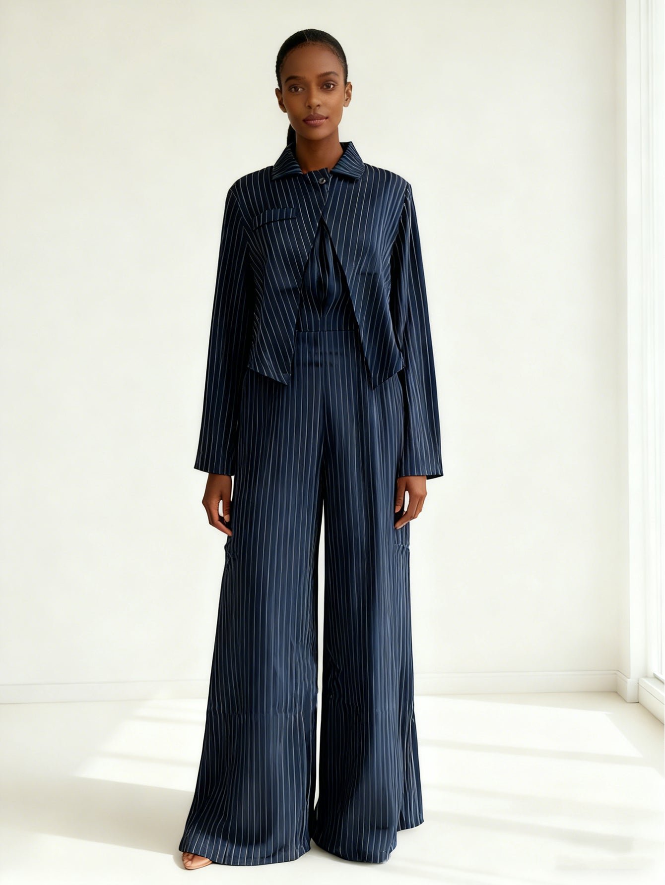 Elegant Striped Strapless Jumpsuit & Blazer Set