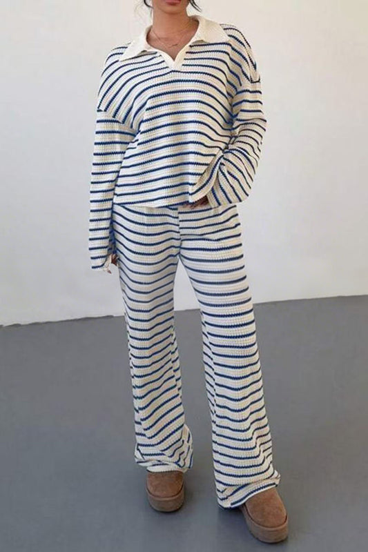 Fashion Striped V Collared Top &  Pants Set