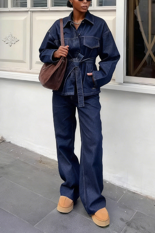 Retro Shirt Collar Belted Denim Jacket