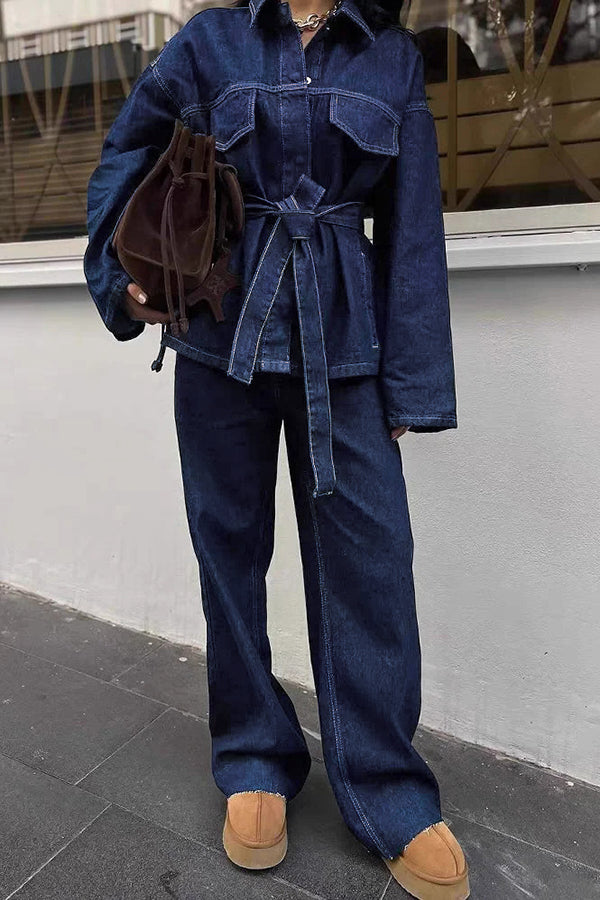Retro Shirt Collar Belted Denim Jacket