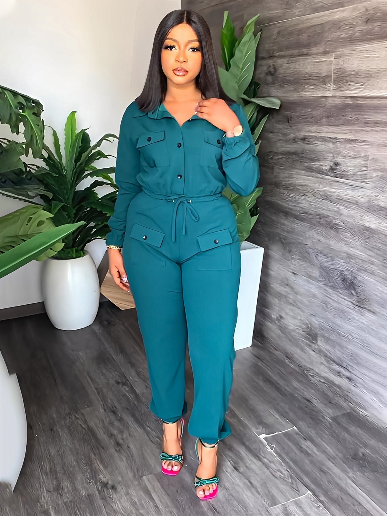 Fashion Single Breasted Drawstring Waist Jumpsuit