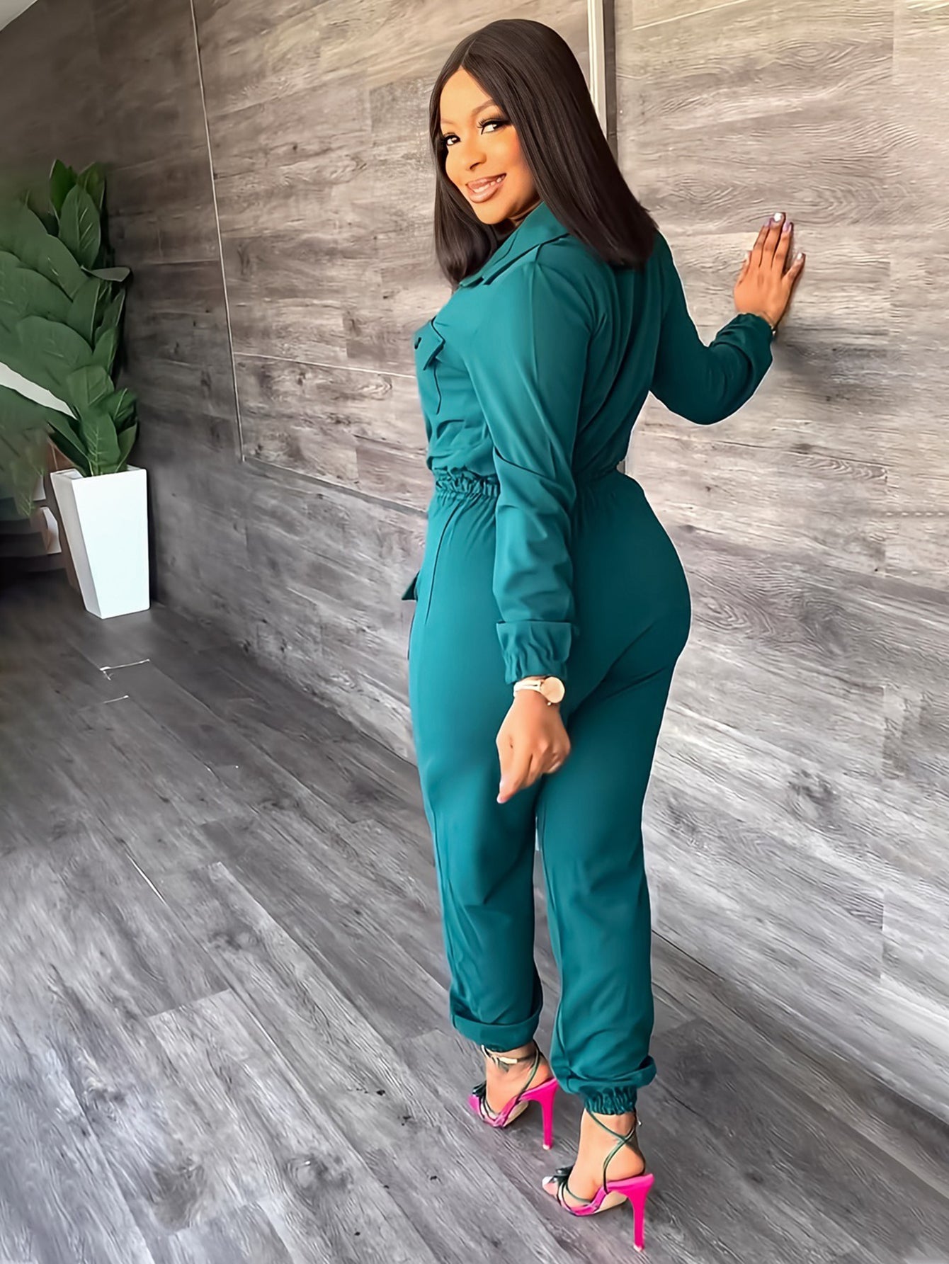 Fashion Single Breasted Drawstring Waist Jumpsuit