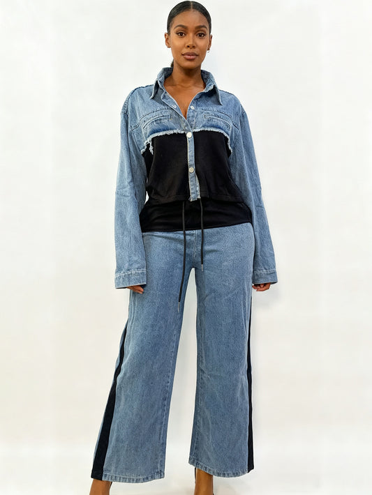 Stylish Colorblock Denim Top & Pants Set