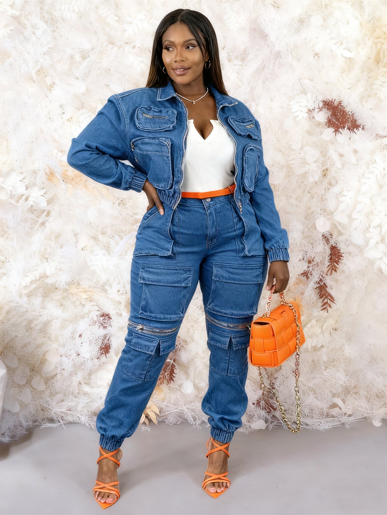 Casual Denim Zip Pockets Crop Jacket