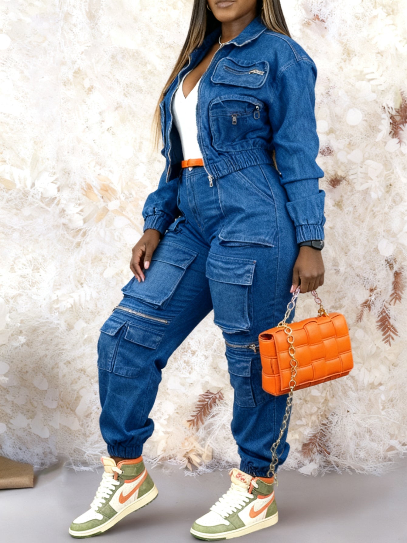 Casual Denim Zip Pockets Crop Jacket