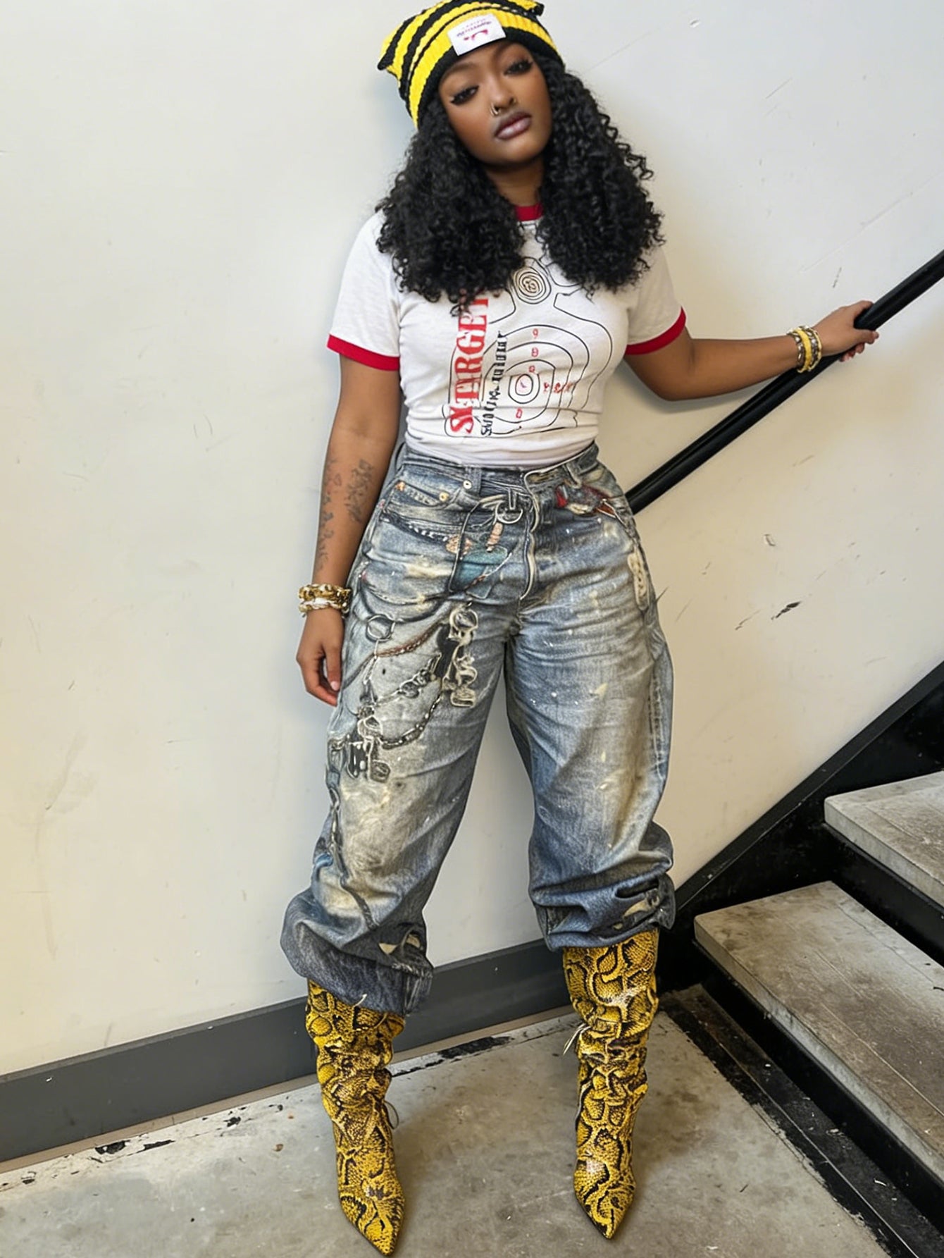 Retro Graphic Print Straight Leg Jeans