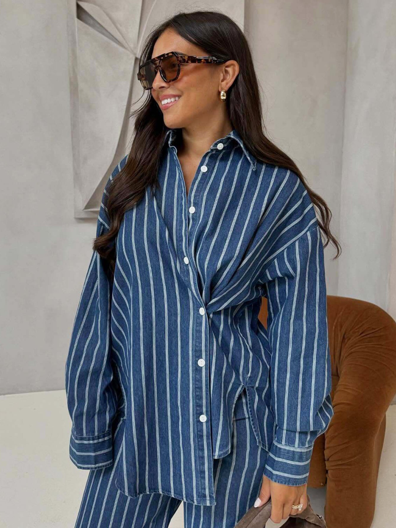 Stylish Striped Single Breasted Top & Pants Set