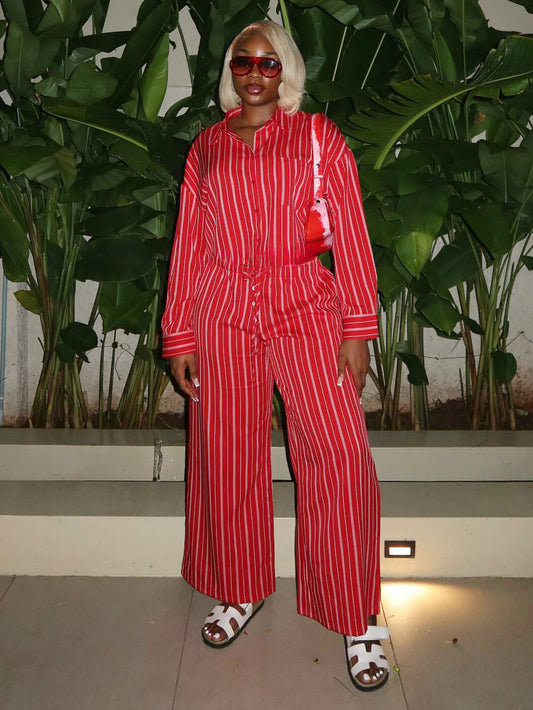 Casual Striped Shirt & Single Breasted Pants Set