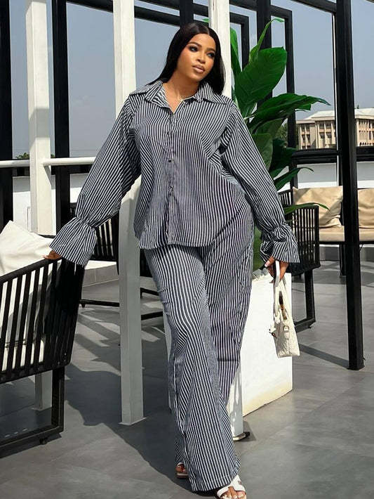 Vintage Striped Trumpet Sleeve Top & Pants Set