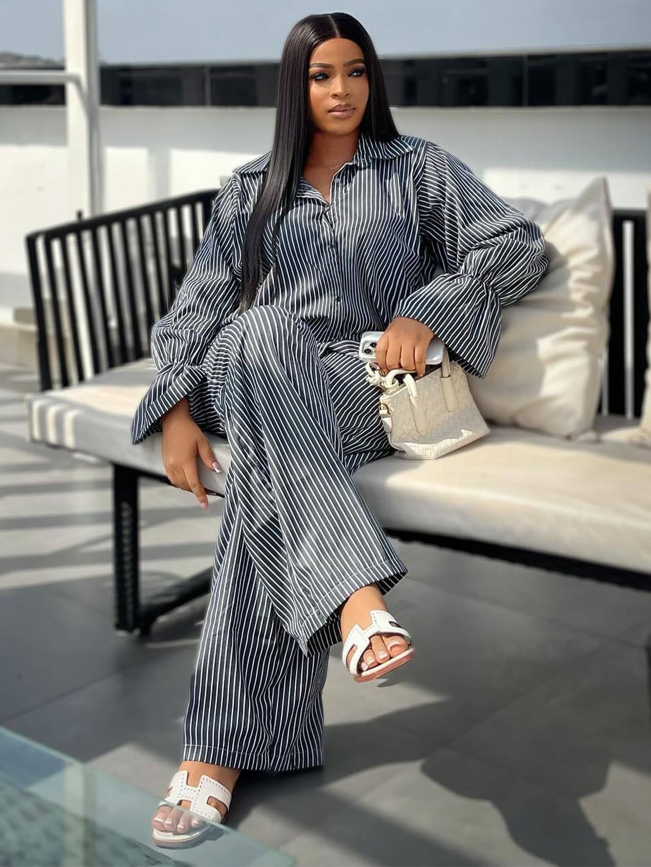 Vintage Striped Trumpet Sleeve Top & Pants Set