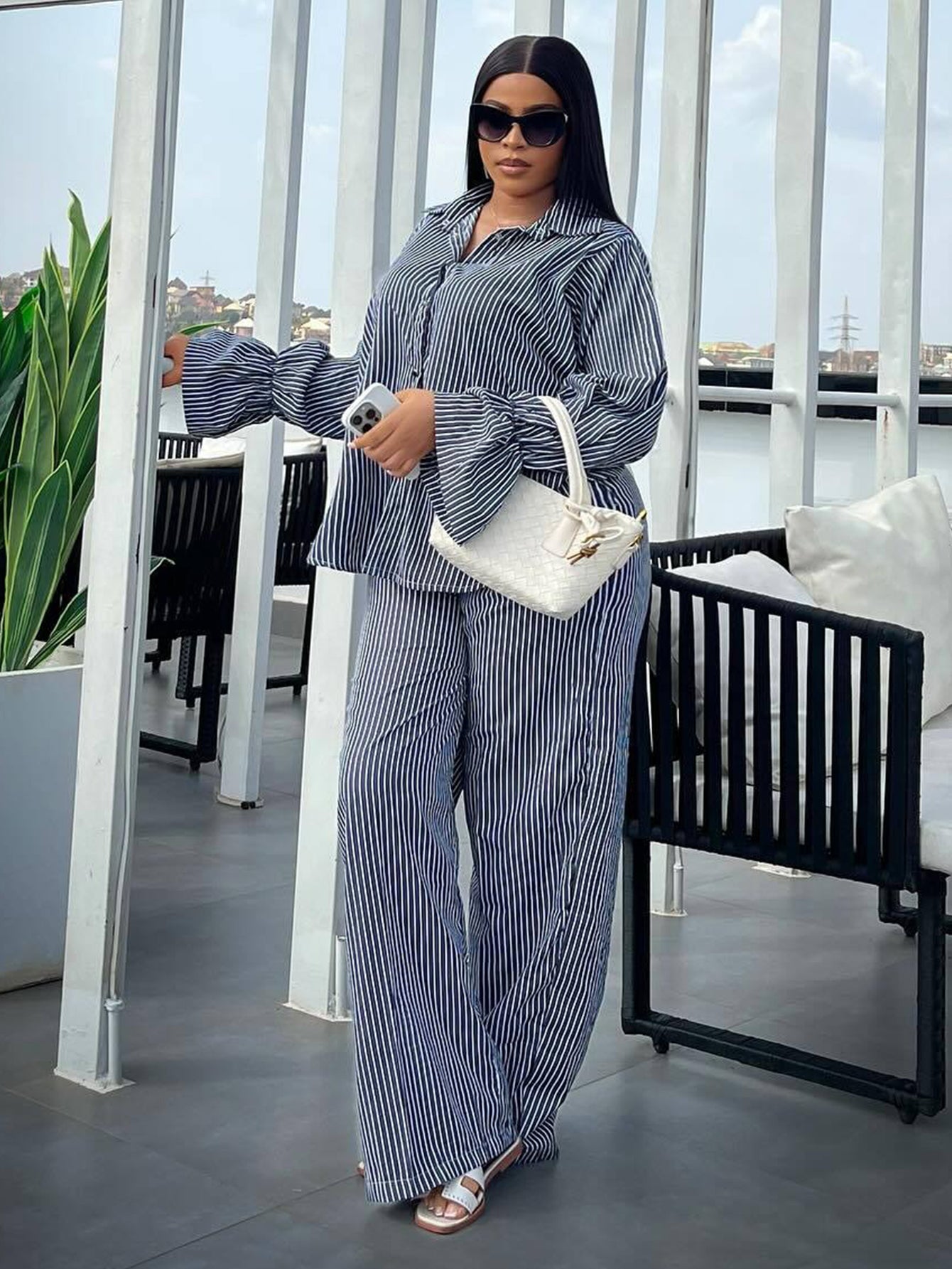 Vintage Striped Trumpet Sleeve Top & Pants Set