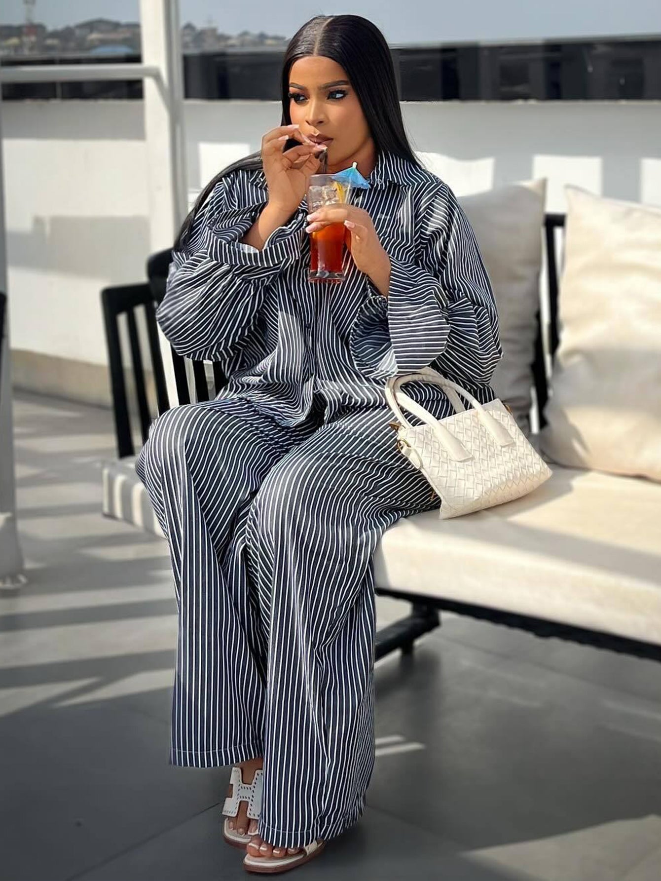 Vintage Striped Trumpet Sleeve Top & Pants Set