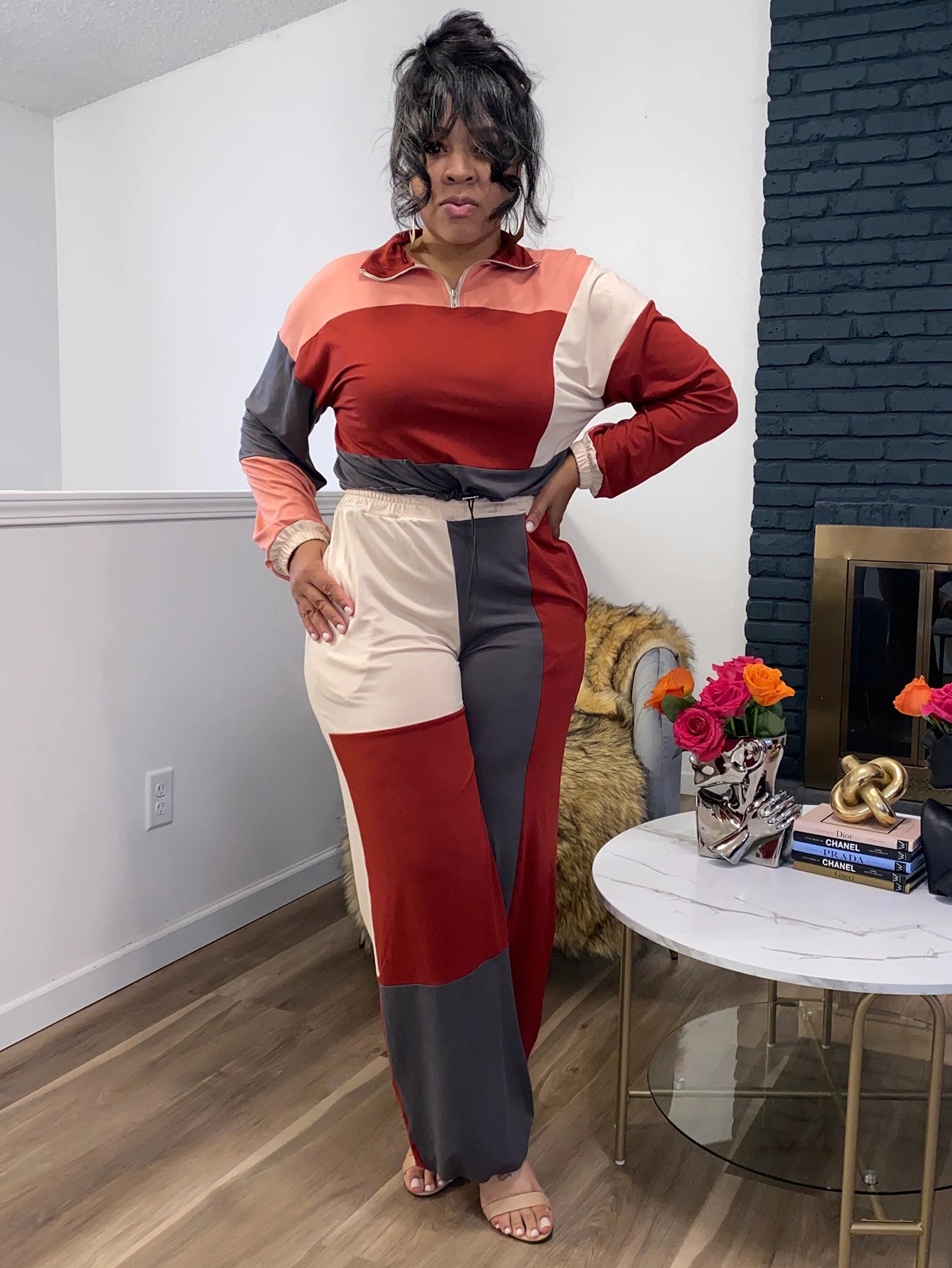 Stylish Colorblock Half-Zip Top & Pants Set