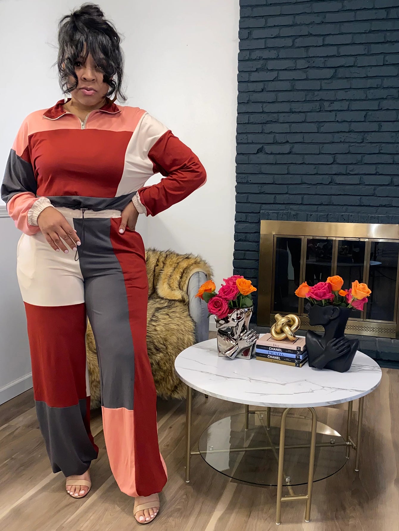 Stylish Colorblock Half-Zip Top & Pants Set