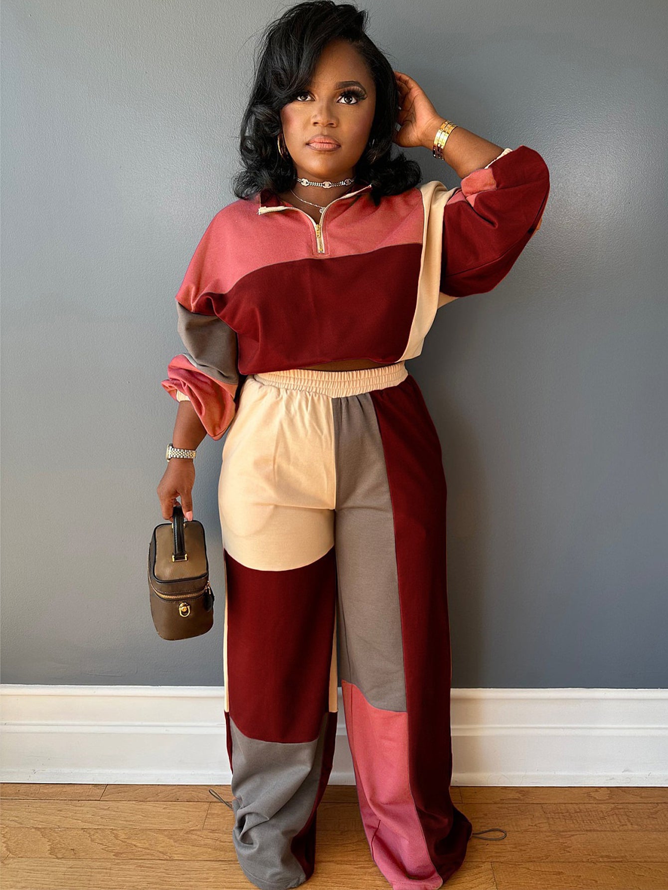 Stylish Colorblock Half-Zip Top & Pants Set