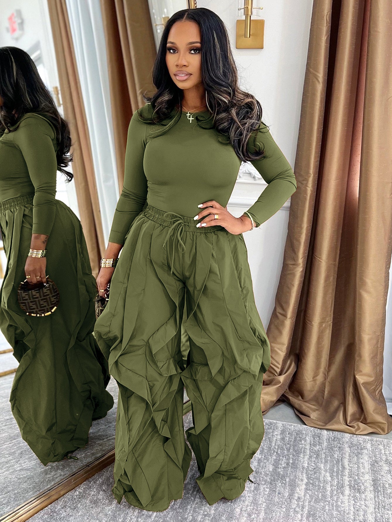 Chic Round Neck Top & Ruffle Pants Set 
