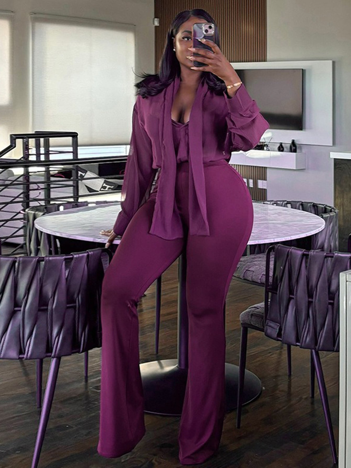 Elegant Tie Collar Top & Pants Set