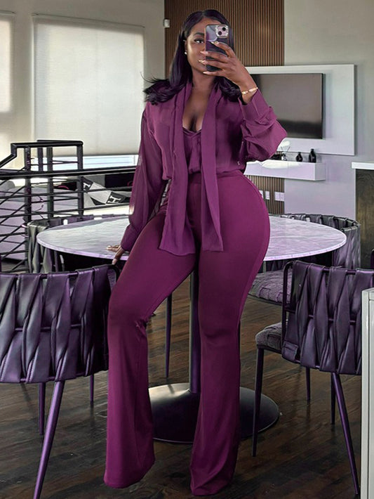 Elegant Tie Collar Top & Pants Set