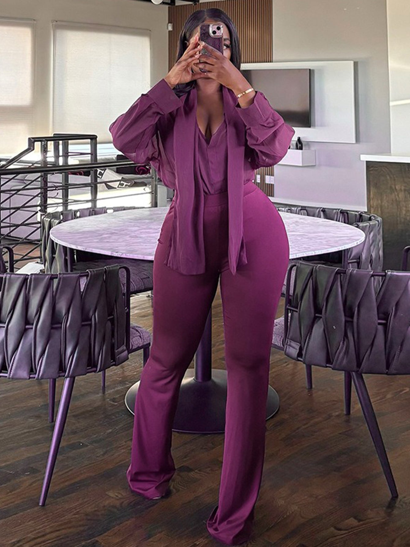 Elegant Tie Collar Top & Pants Set