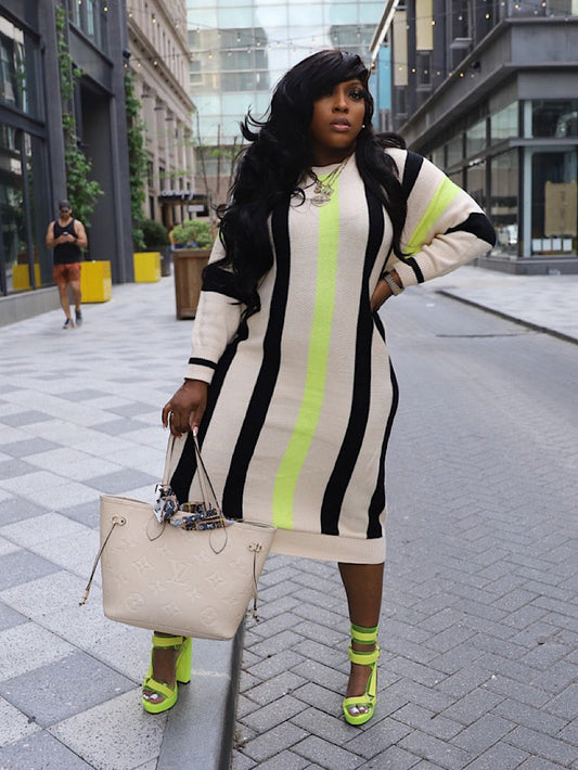 Oversized Rib-knit Striped Midi Dress