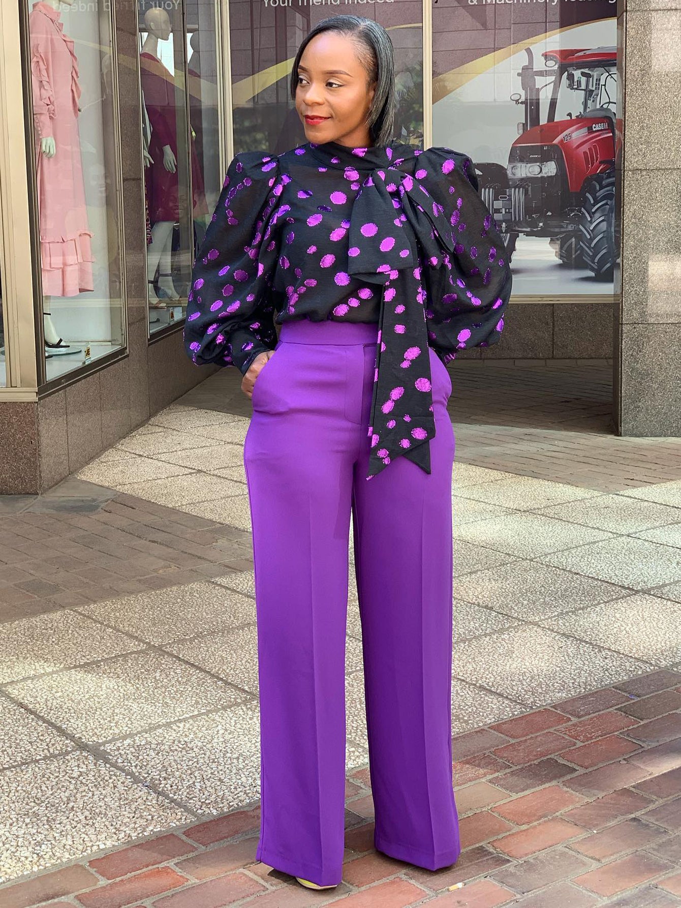 Stylish Polka Dot Top & Tailored Pants Set