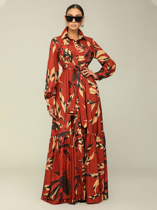 Chic Leaf Print Belted Ruffle Hem Shirt Dress
