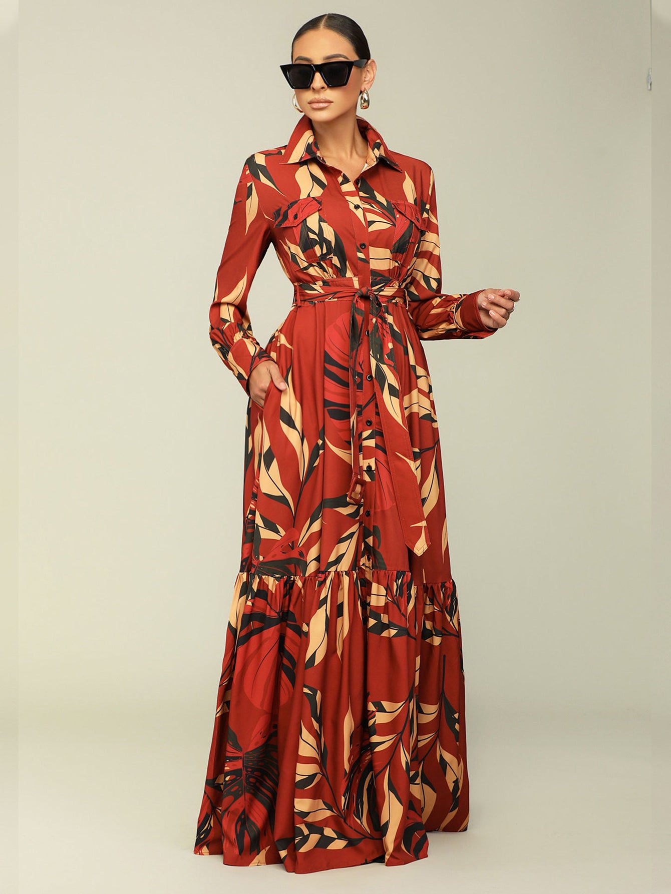 Chic Leaf Print Belted Ruffle Hem Shirt Dress