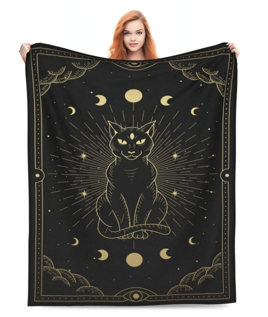 Mystical Moon Tarot Black Cat Blanket
