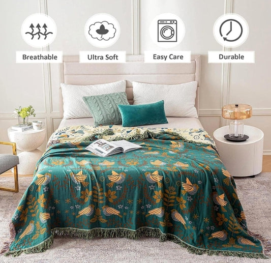 Bohemian style blue-green bird print blanket