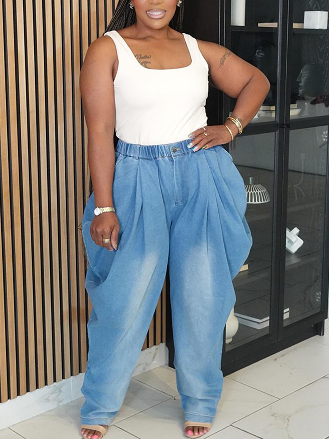 High-Waist Wide-Leg Lantern Jeans