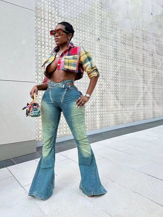 High-Waisted Hollow Washed Flared Jeans