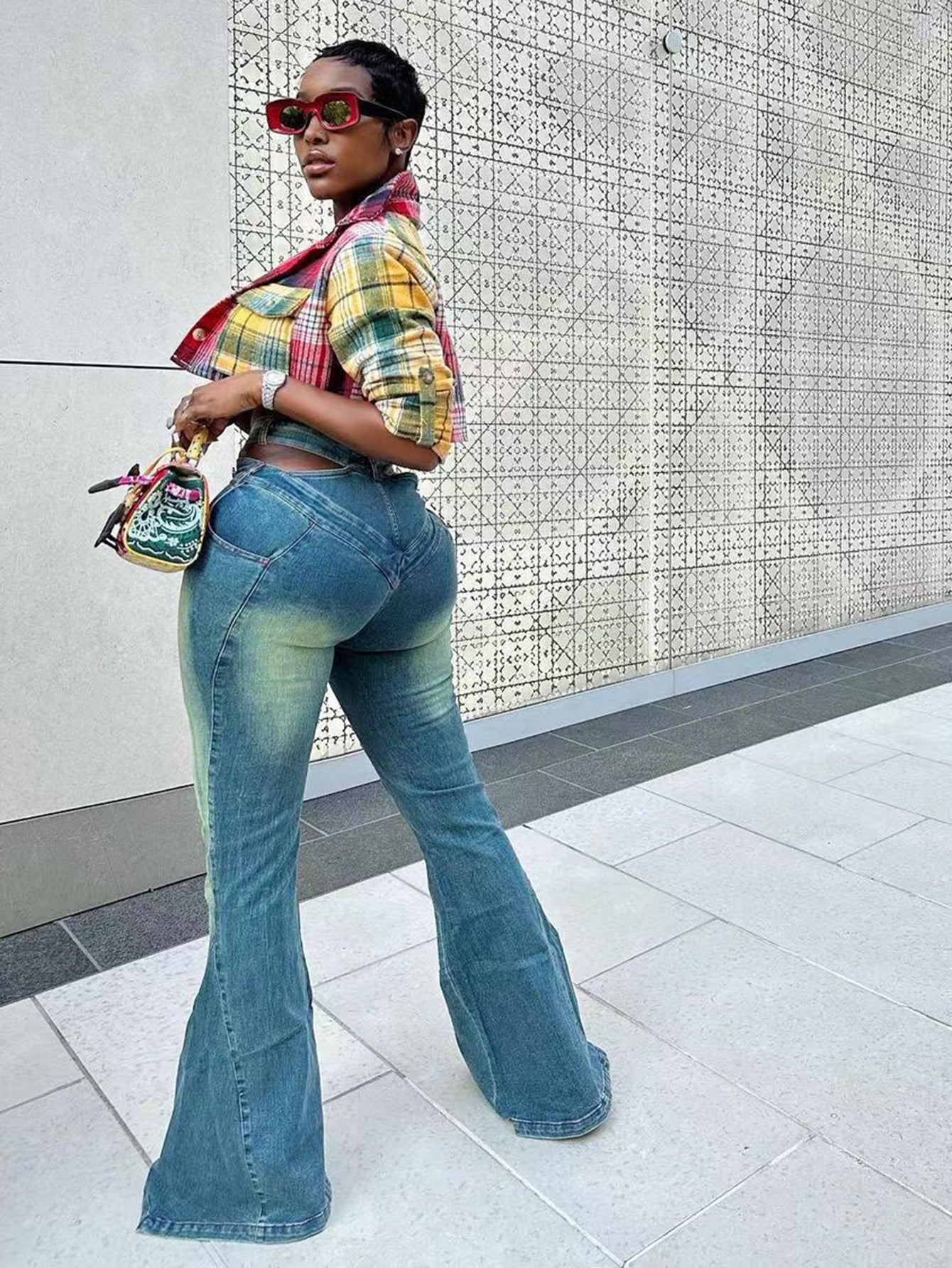 High-Waisted Hollow Washed Flared Jeans