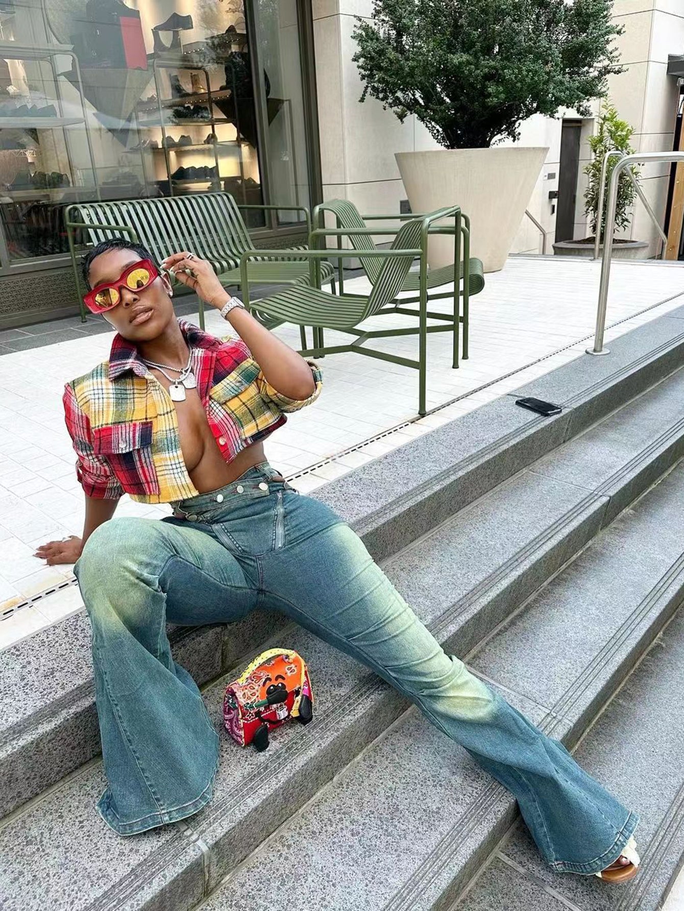 High-Waisted Hollow Washed Flared Jeans