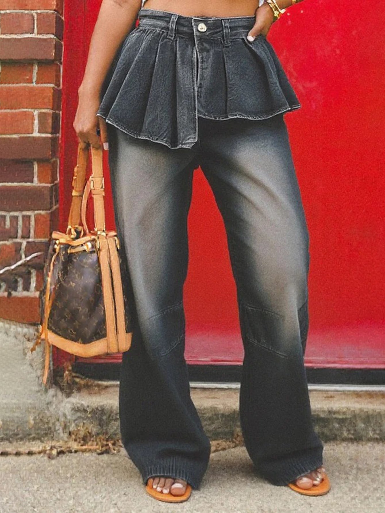 Fashionable Irregular Pleated Waist Design Jeans