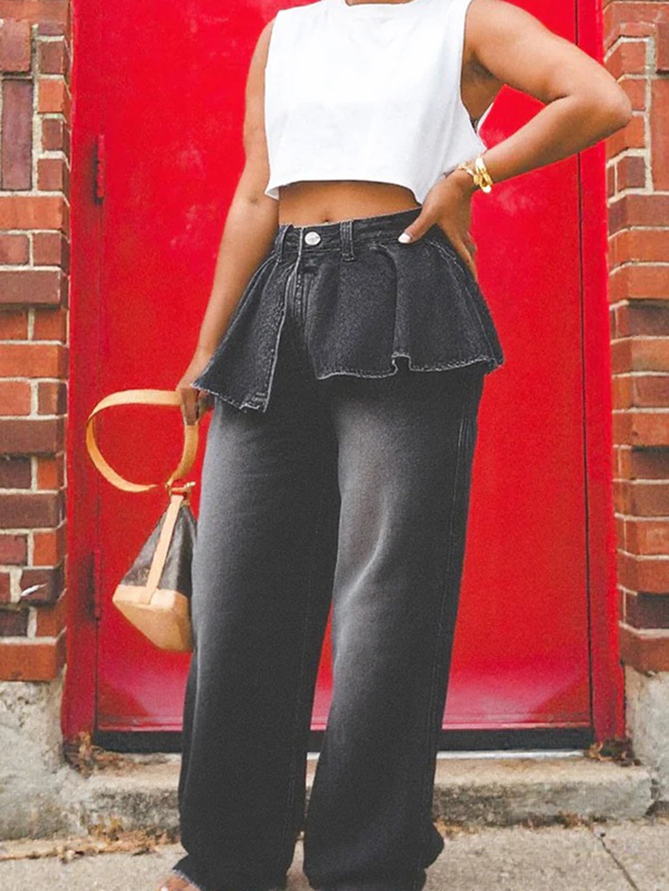 Fashionable Irregular Pleated Waist Design Jeans