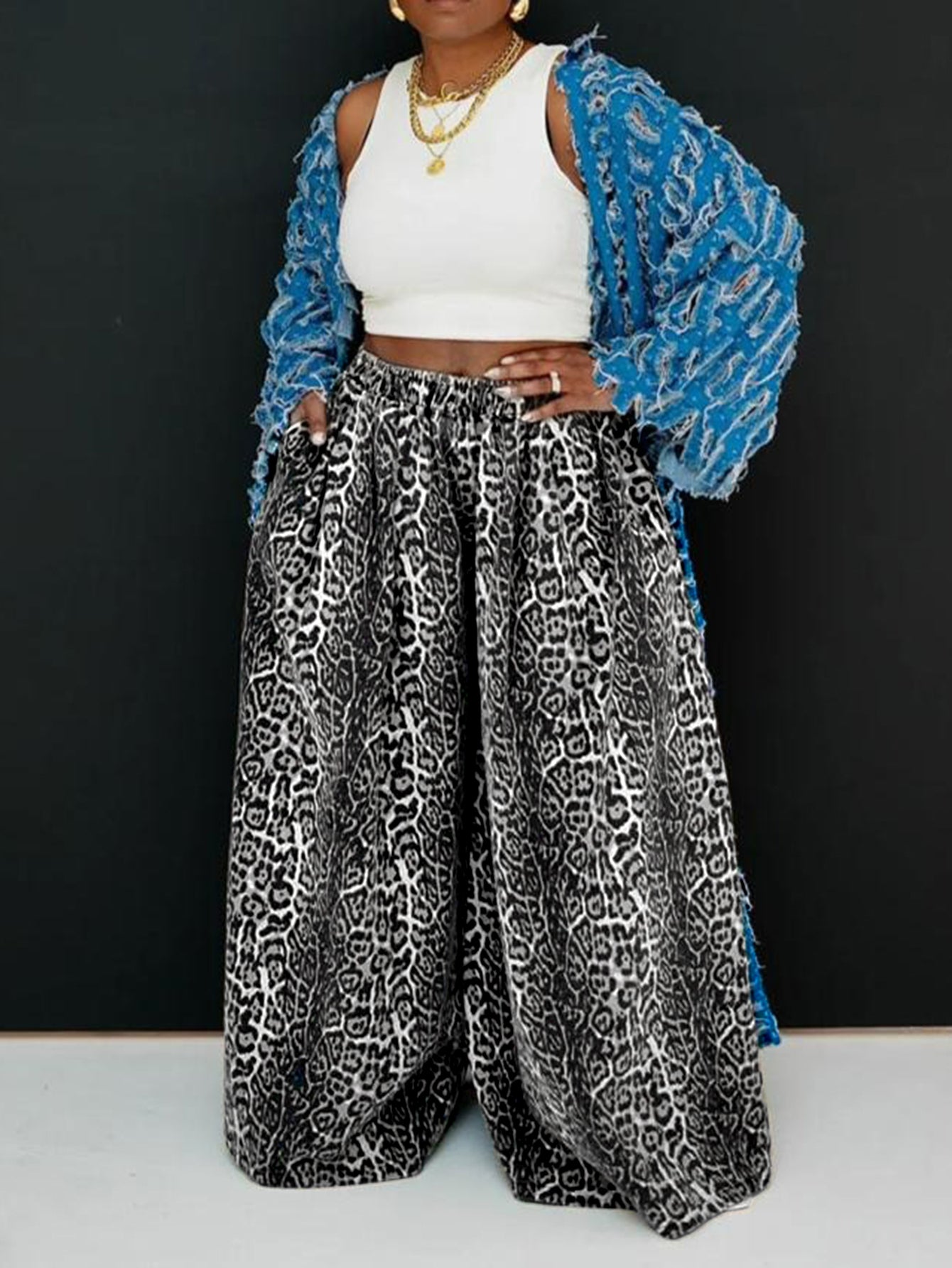 Leopard-Print Drawstring Wide-Leg Casual Pants