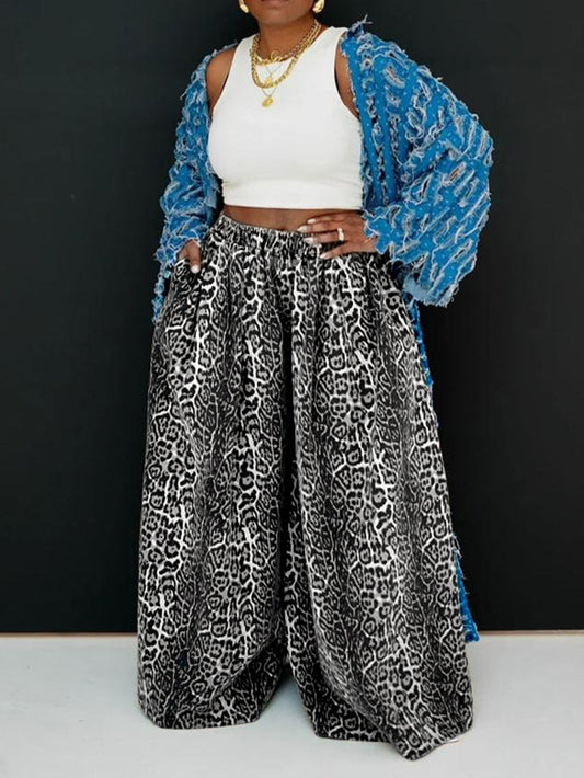 Leopard-Print Drawstring Wide-Leg Casual Pants