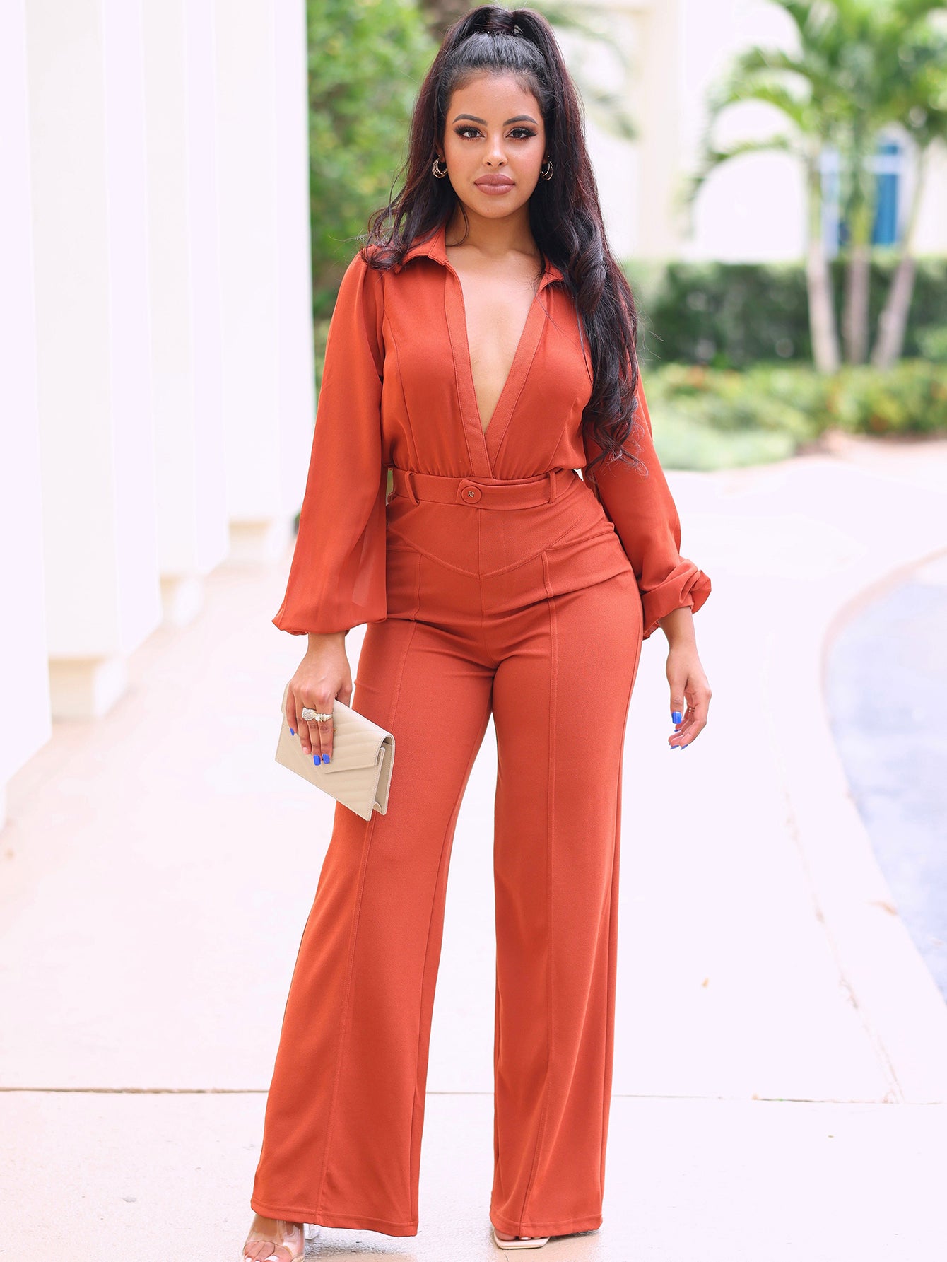 Elegant Long Sleeve High Waisted Straight Jumpsuit