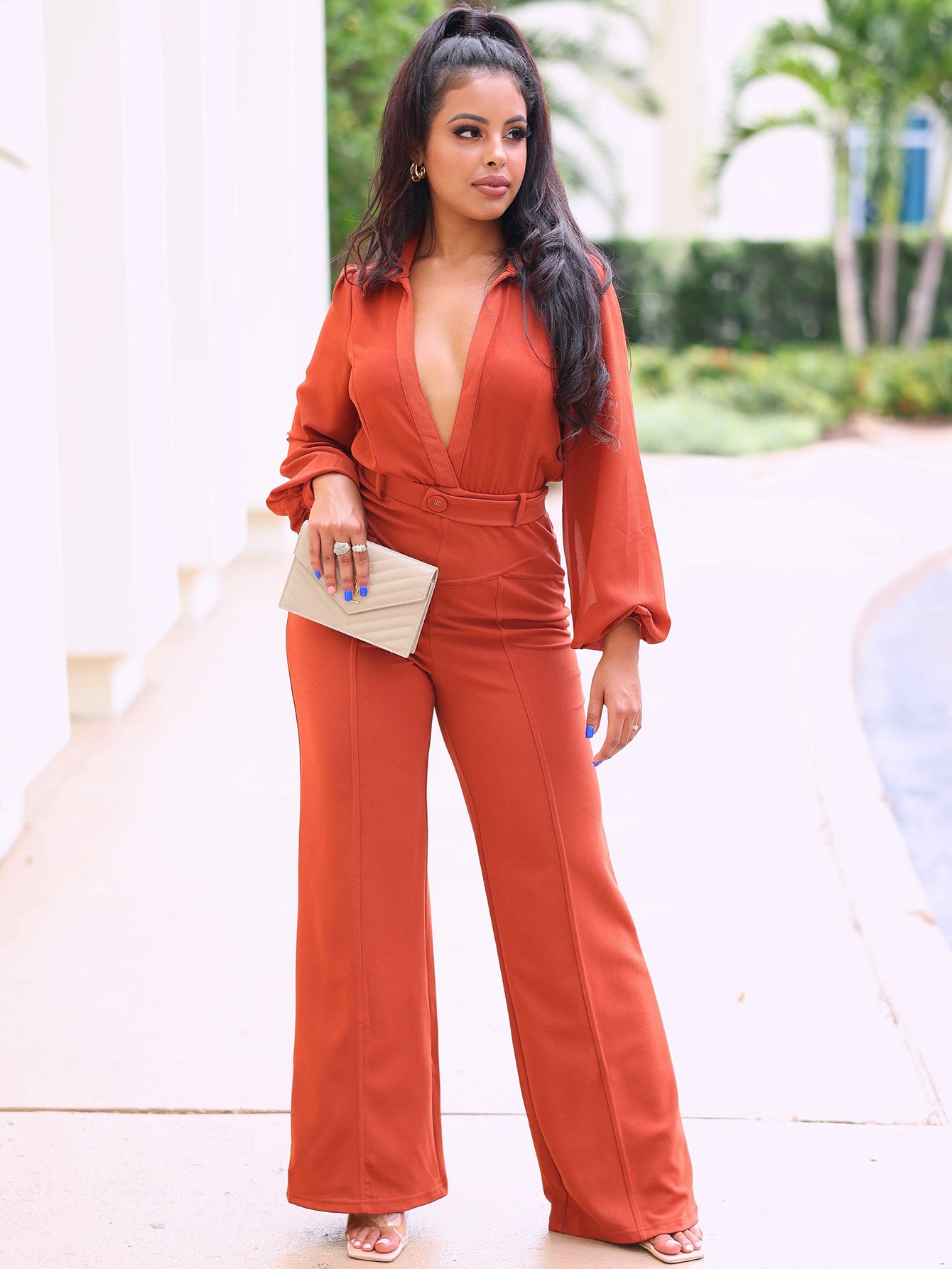 Elegant Long Sleeve High Waisted Straight Jumpsuit