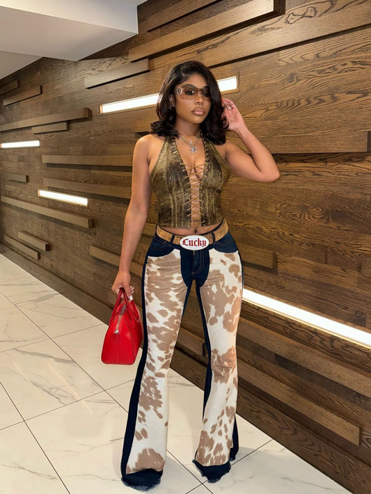 Fashionable Cow Print Patchwork High Waisted Flared Jeans