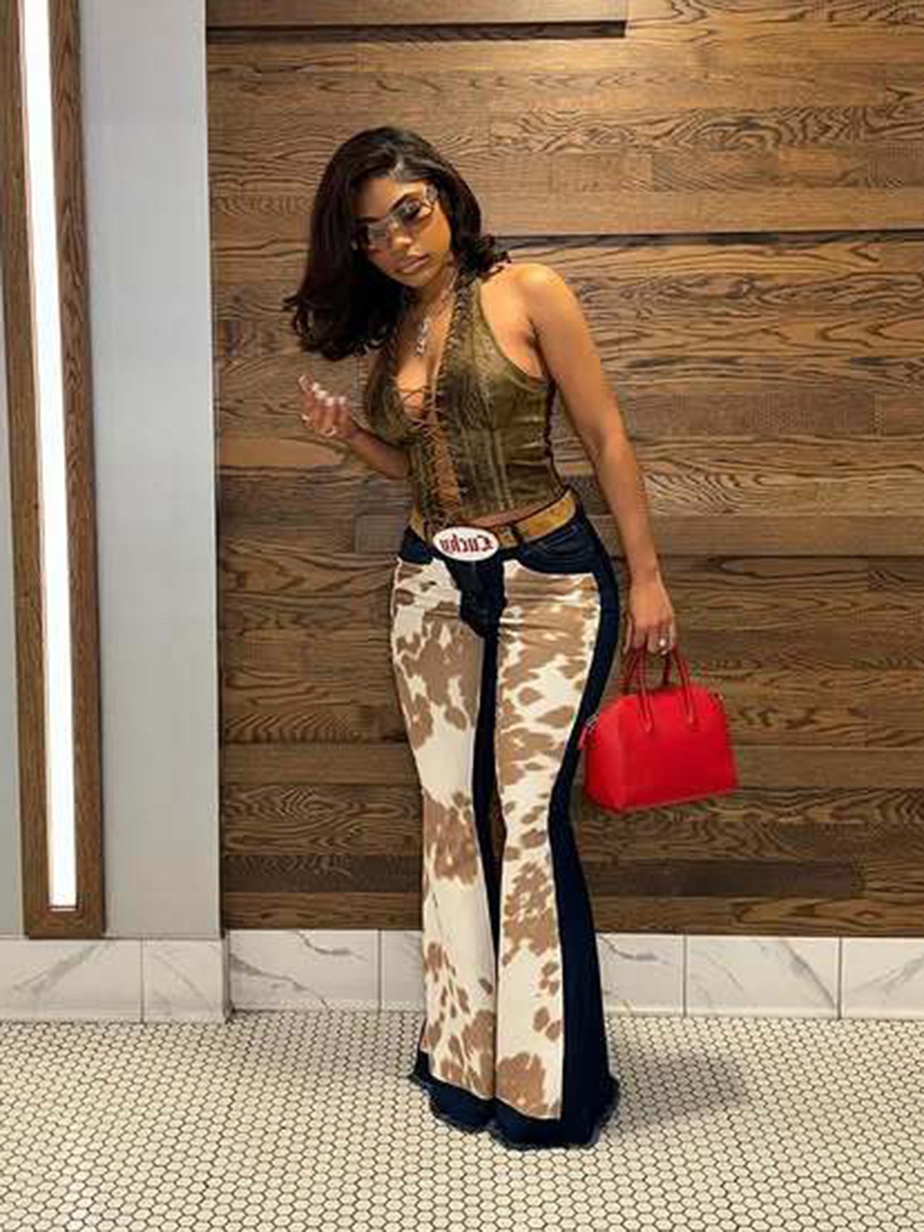 Fashionable Cow Print Patchwork High Waisted Flared Jeans