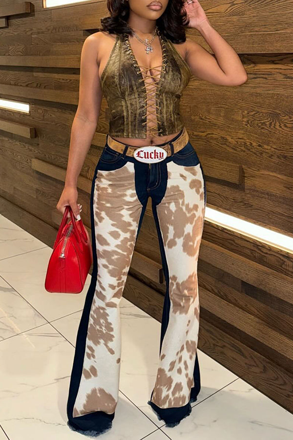 Fashionable Cow Print Patchwork High Waisted Flared Jeans