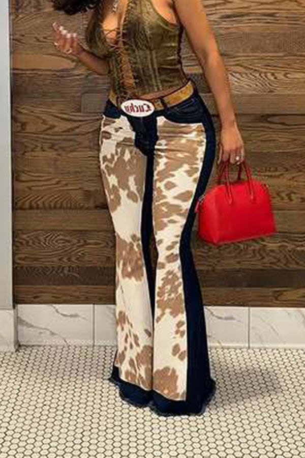 Fashionable Cow Print Patchwork High Waisted Flared Jeans