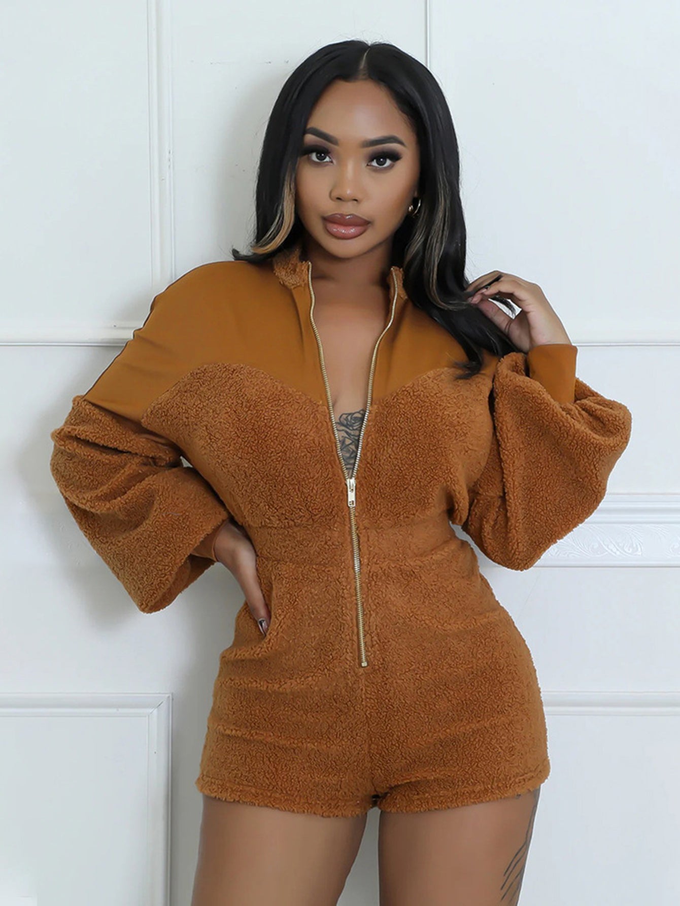 Fashionable Plush Patchwork Front Zipper Romper