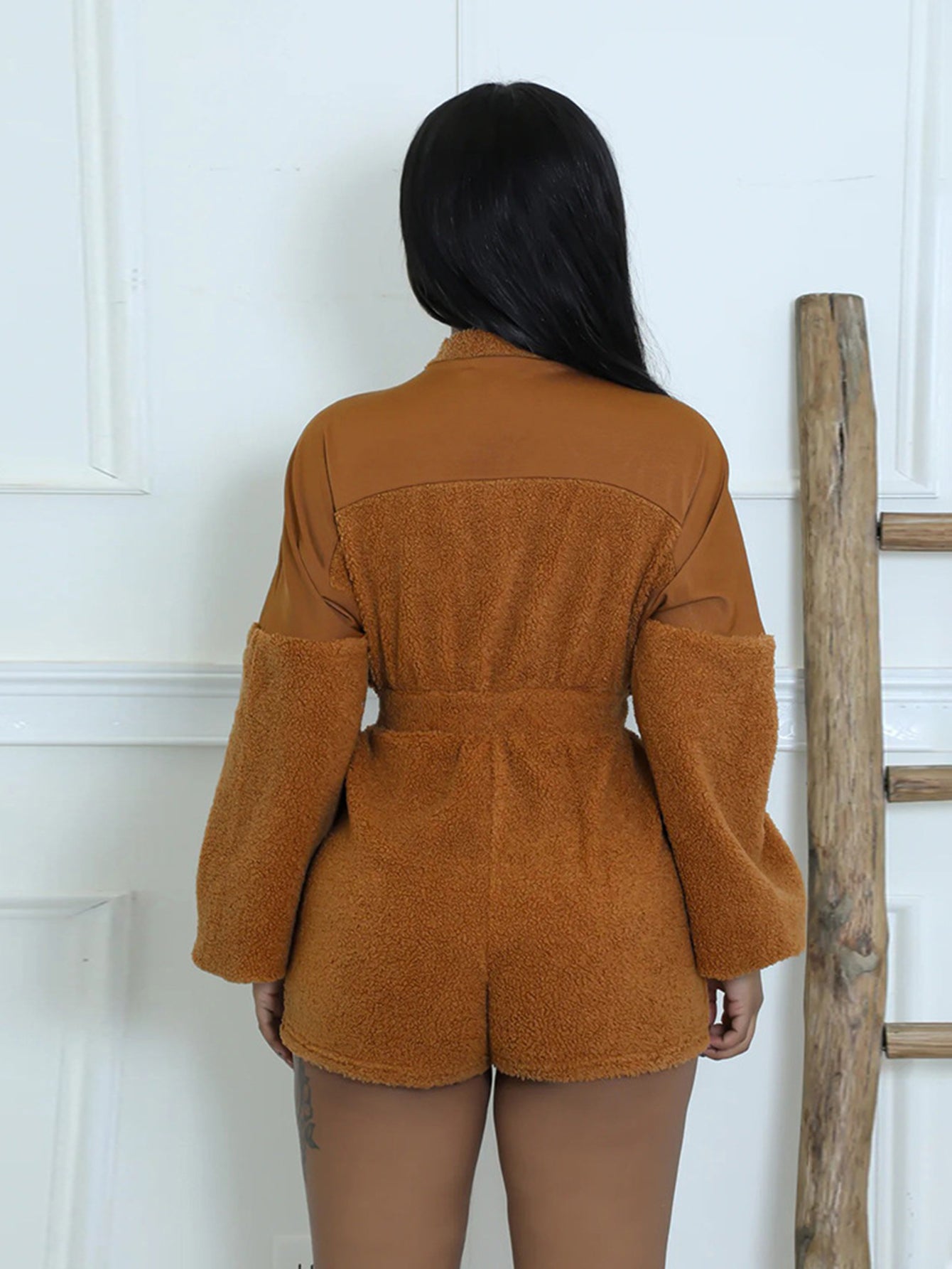 Fashionable Plush Patchwork Front Zipper Romper