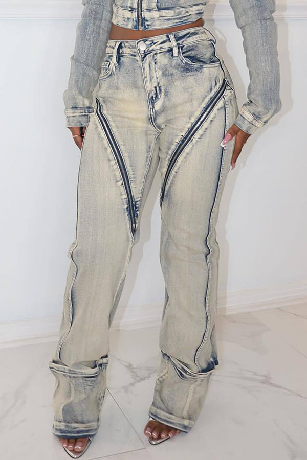 Fashion High-Elastic Washed Zipper Jeans