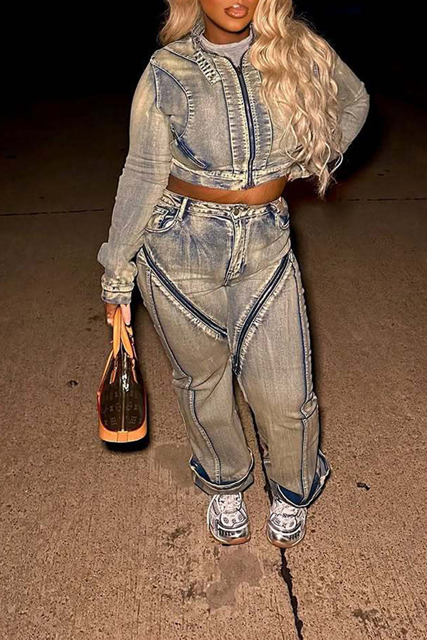 Fashion High-Elastic Washed Zipper Jeans